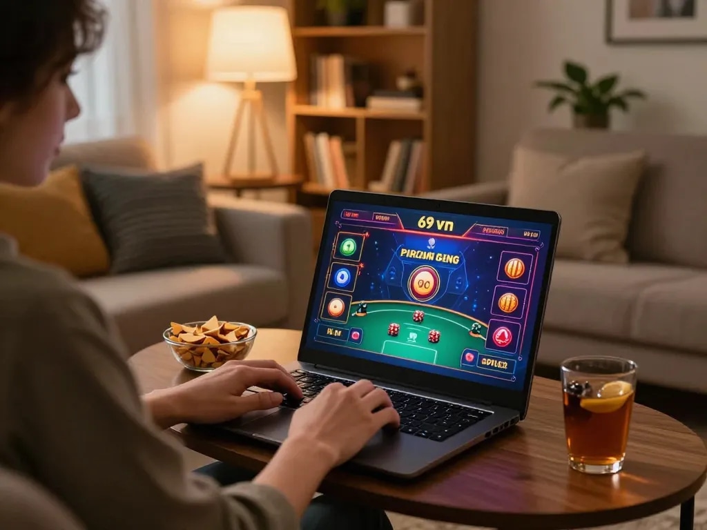 Enjoying a thrilling poker game on 69vn online casino from a cozy home setup.