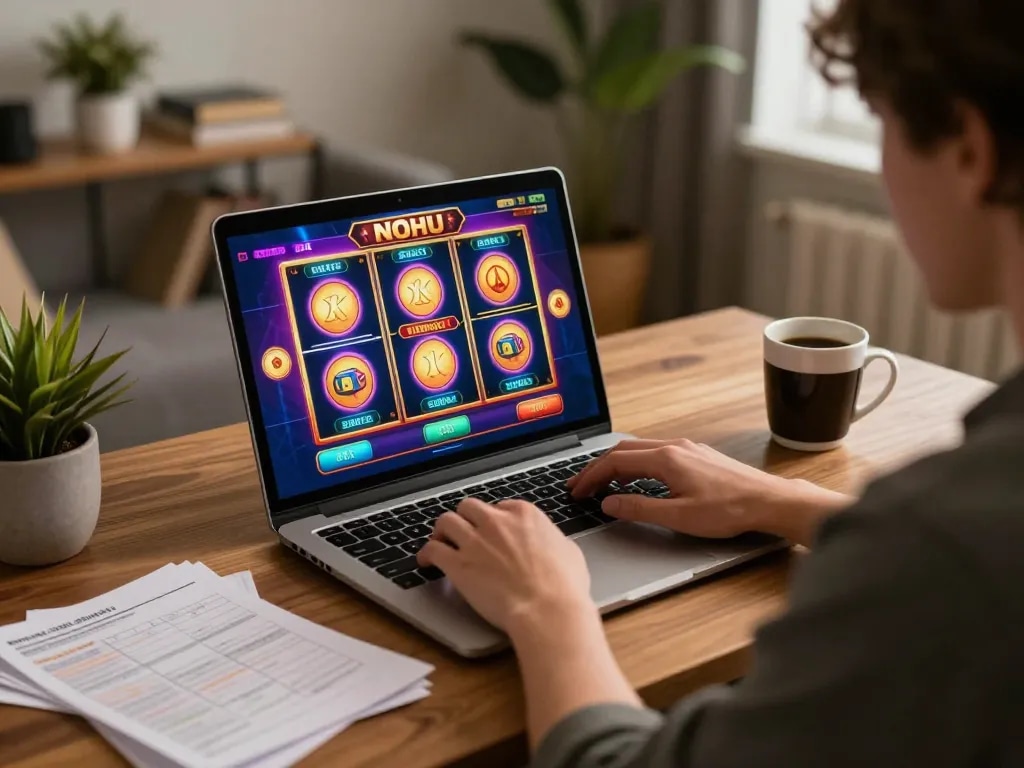 Engaging with nohu slot games online in a cozy home setup, showcasing thoughtful strategy.
