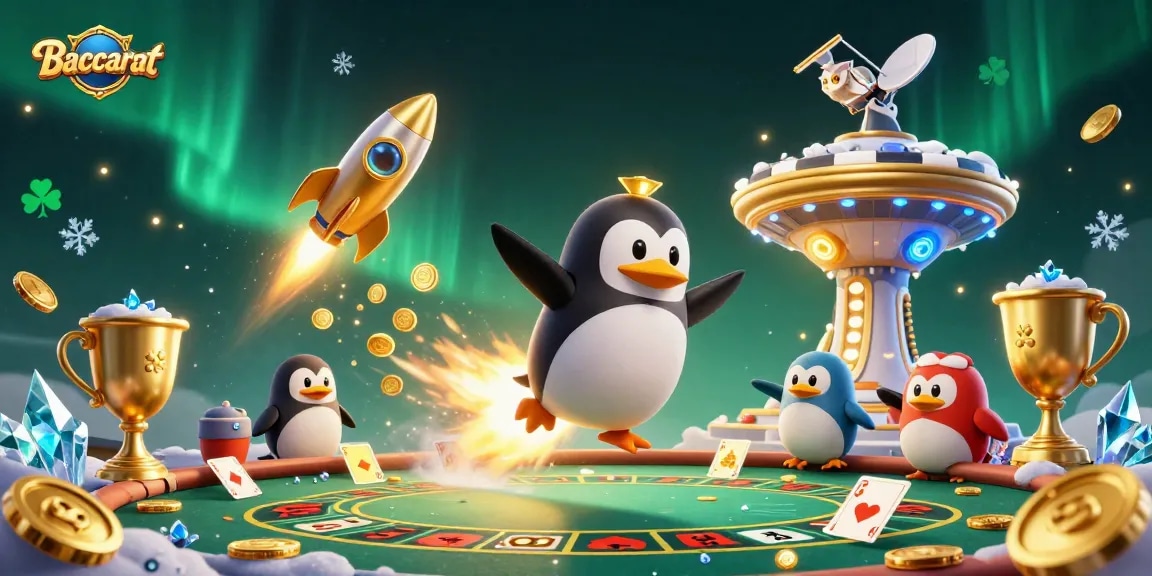 Baccarat table surrounded by vibrant elements, featuring a golden penguin and casino dynamics.