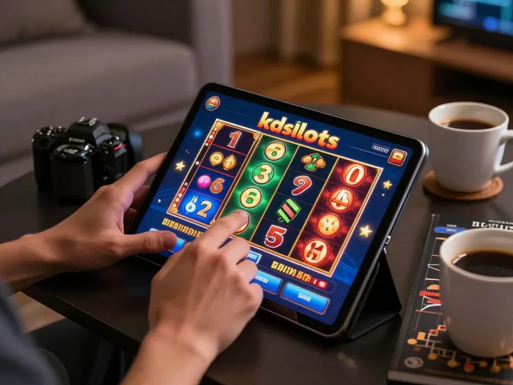 Engaging with kdslots on a tablet, showcasing vibrant online slot reels.