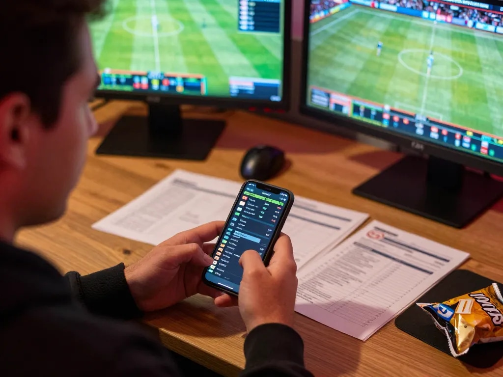 Person intensely monitoring KQBD live sports scores on smartphone during betting session.