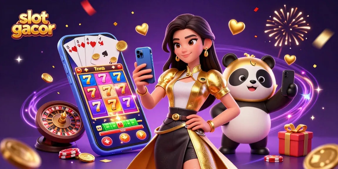 Rayakan kemenangan dengan slot gacor dalam adegan 3D yang cerah menampilkan smartphone dan panda emas!