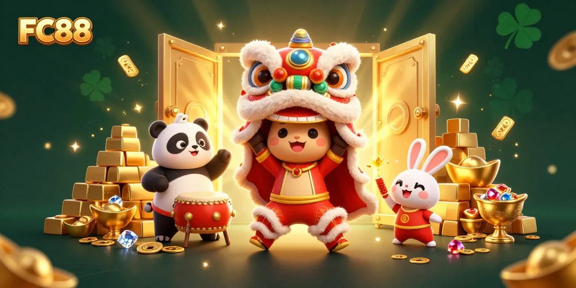 Experience the excitement of FC88 with a vibrant 3D illustration featuring animated characters amidst golden treasures and casino symbols.