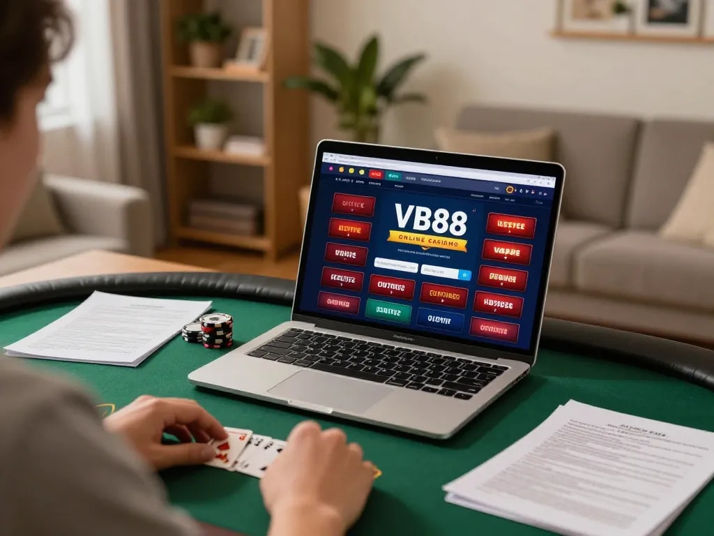Engaged player using VB88 online casino interface for strategic betting at home.