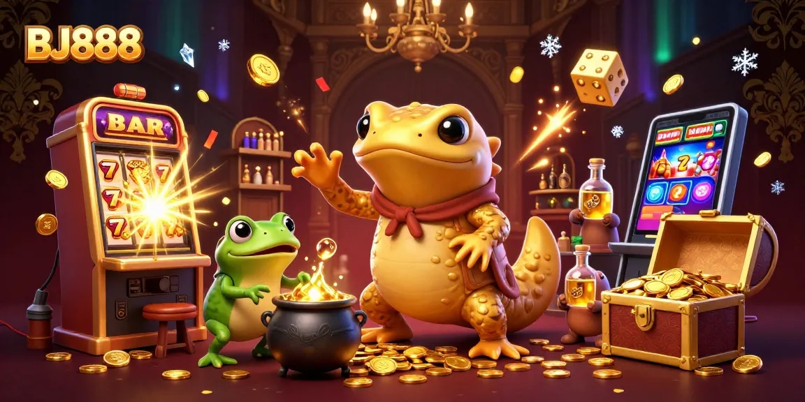 Experience the thrilling world of BJ888 Casino with vibrant 3D illustration featuring golden coins, slot machines, and magical characters.