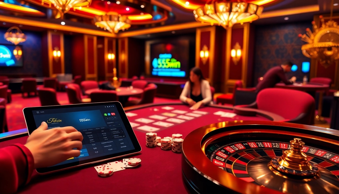 Engaged players at a 555win casino table celebrating a big win with poker chips and cards.