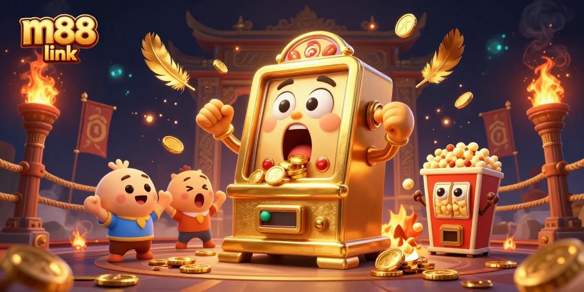 Win big at m88 link with a vibrant scene of a golden slot machine celebrating a jackpot victory.