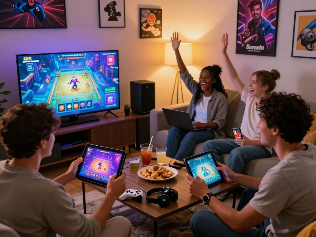 Engaged friends enjoying Sunwin tải in a cozy gaming setup with devices and snacks.