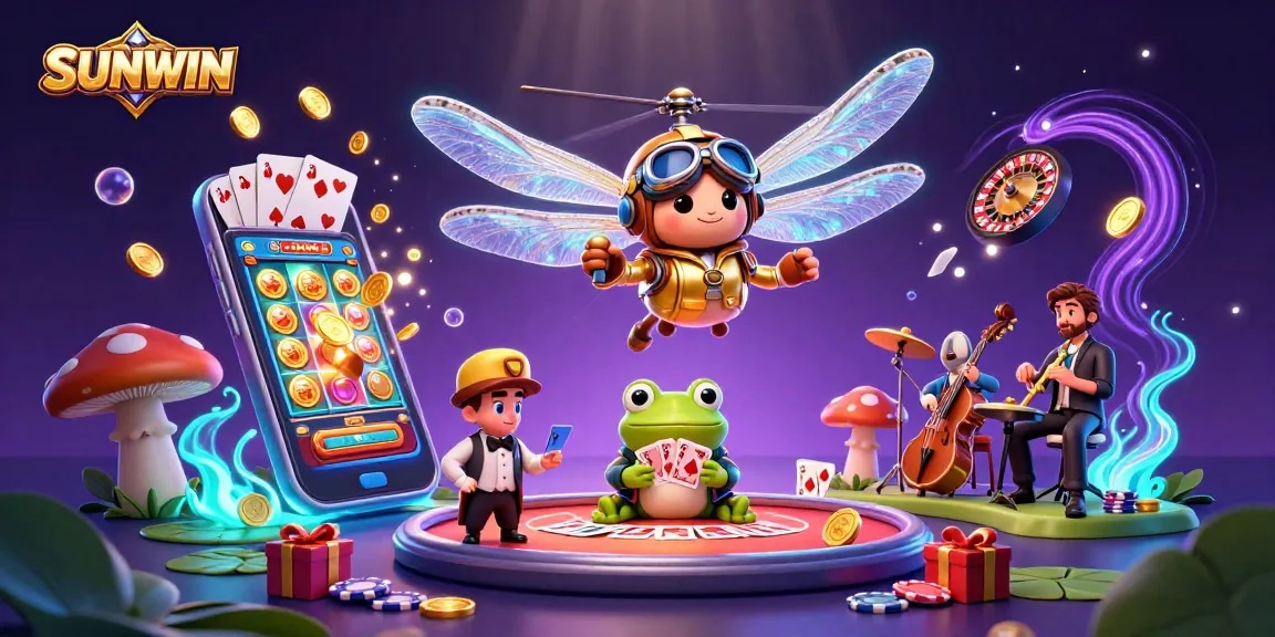 SUNWIN players engaging with vibrant slot games and a lively casino atmosphere
