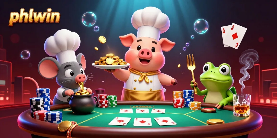 Experience phlwin's vibrant gaming atmosphere with lively cartoon characters in a casino-themed 3D illustration.