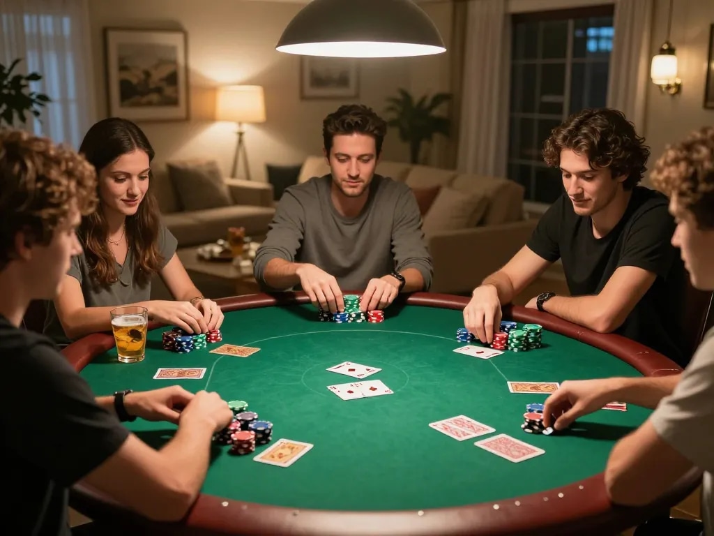 Players enjoy a lively poker night at home with MB66-themed chips and cards.