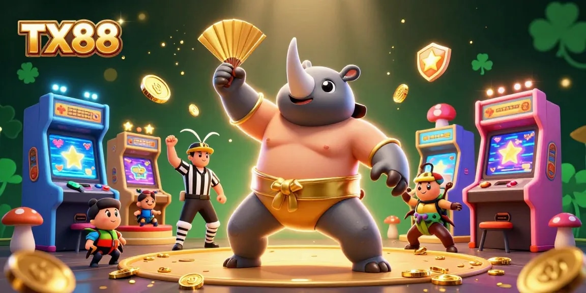 Experience thrilling casino fun with TX88's vibrant beetle champions and golden coins flying in an animated scene.