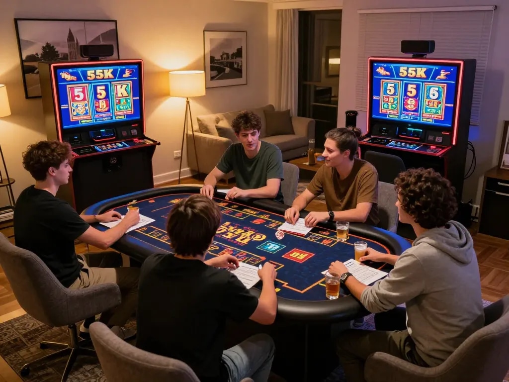 Engaged players enjoying a slot 5k game on multiple screens in a cozy home setting during online gaming night.