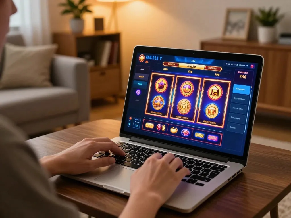 MM88 player engaging in online slots with a cozy home setup and vibrant game interface