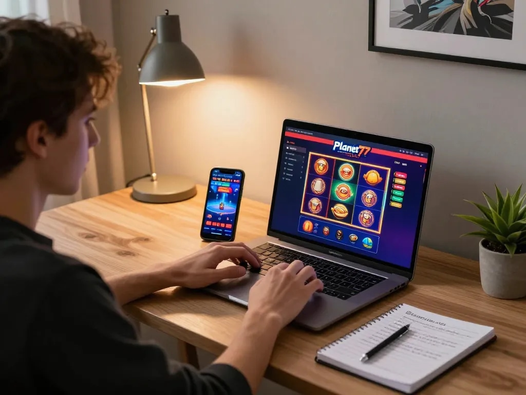 Memainkan slot online Planet77 dengan pengaturan yang ramping, laptop, notebook, dan smartphone di rumah yang nyaman.
