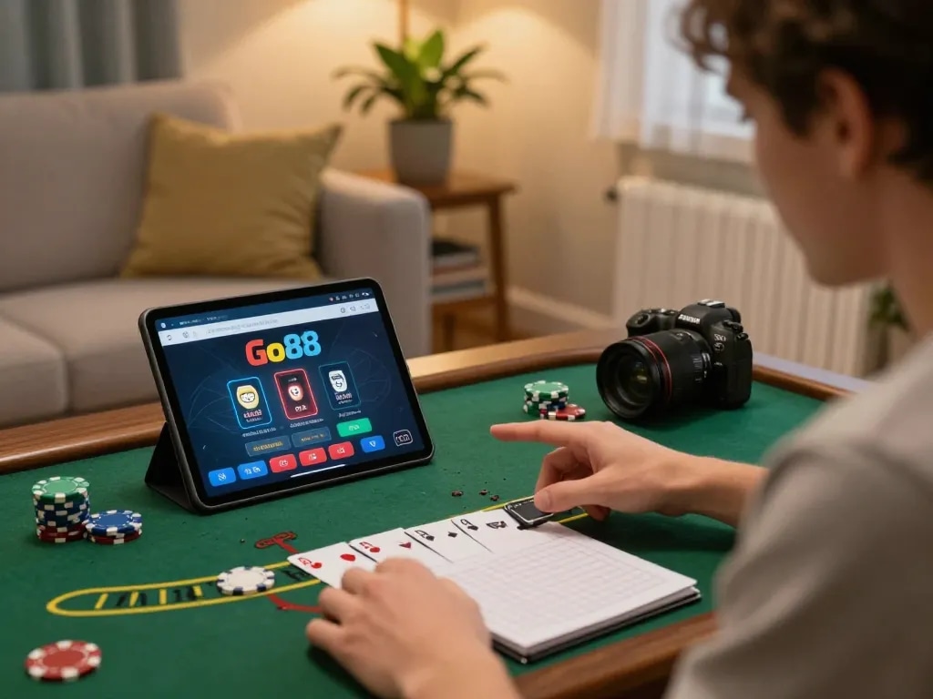 Engaging in blackjack gameplay on Go88 app in a cozy home setup with strategic notes.