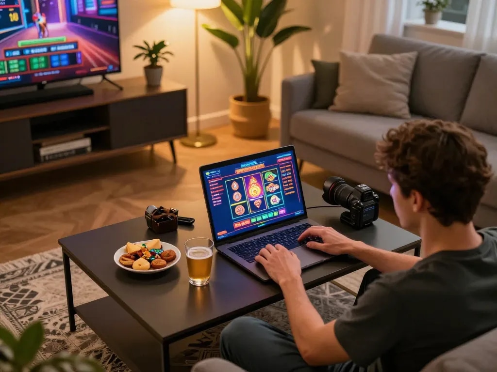 Engaging with Pragmatic Slot on a laptop in a cozy home environment, showcasing responsible gaming.