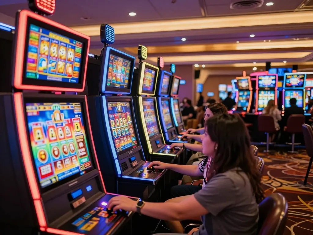 Players engaging with vibrant slot gacor machines in an exciting casino atmosphere