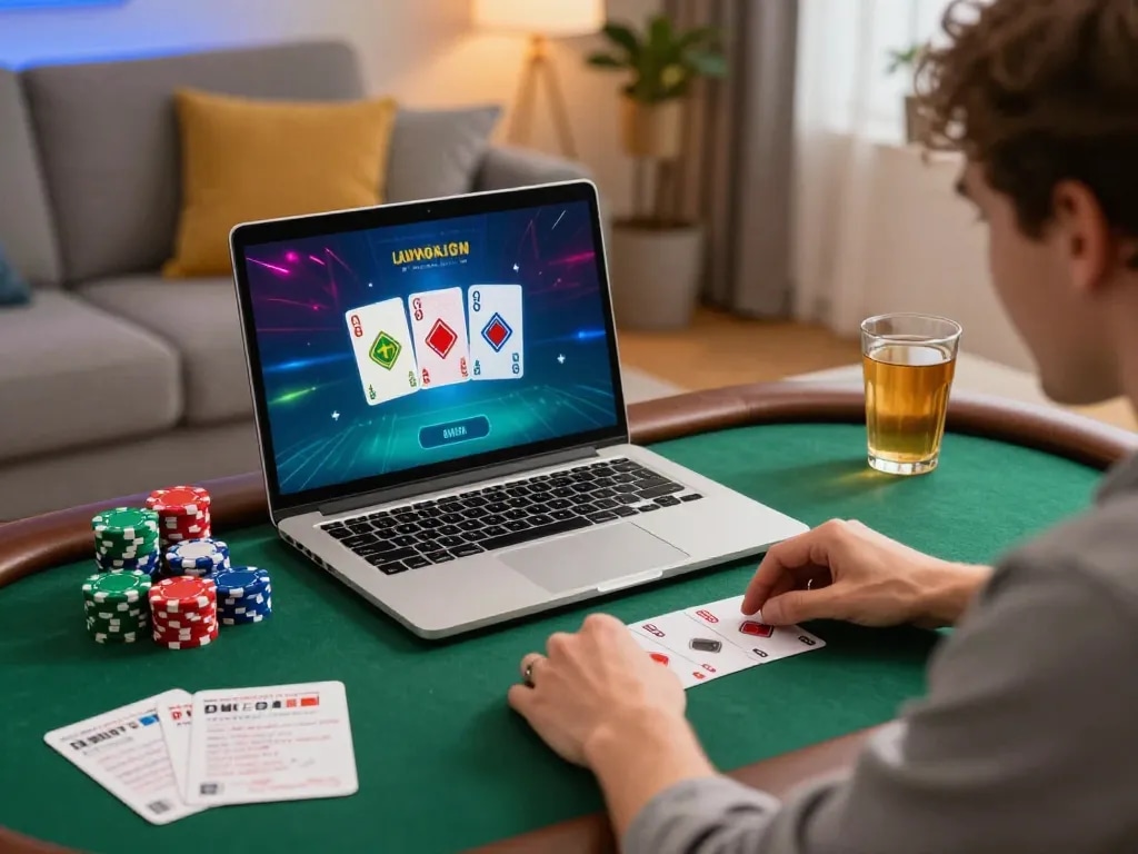 Player enjoying online poker on CM88 platform while analyzing strategy notes in cozy living room.