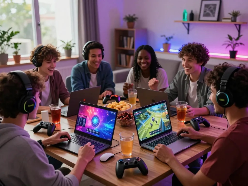 Gamers engaging in an interactive installation of Empire99 app on Android in a vibrant living room.