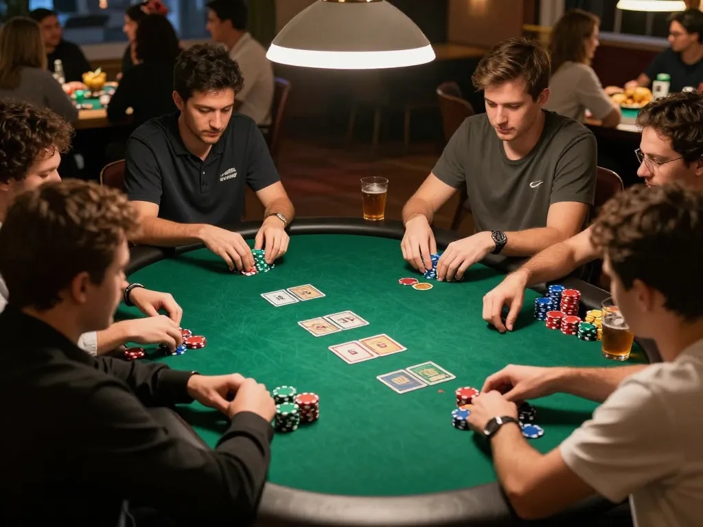 Players engaging in a competitive Qh99 poker game, showcasing strategy with chips and community cards.