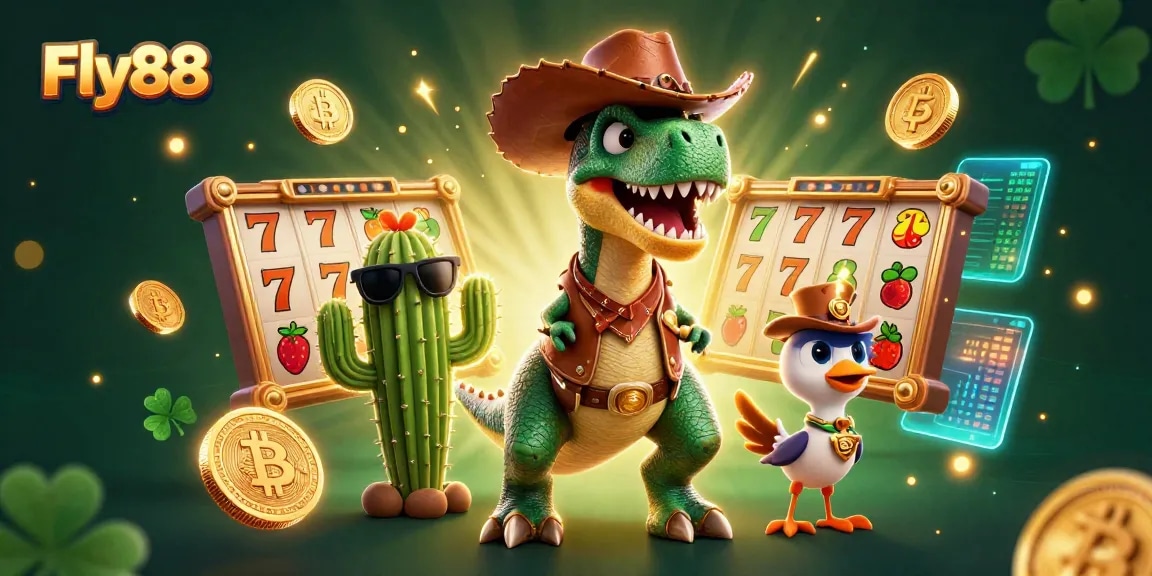 Experience the thrill of Fly88 with a vibrant 3D scene featuring a T-Rex and dynamic slot game elements