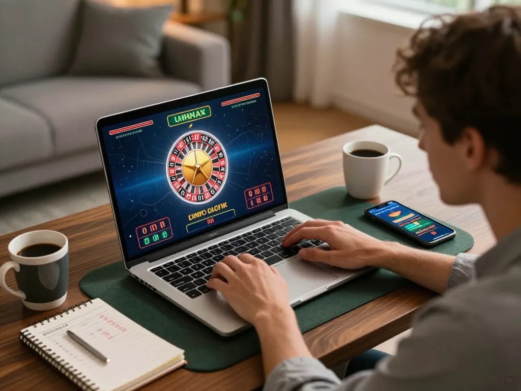 Player focused on online casino game at home with 123bmvp laptop, warm lighting and betting notes.