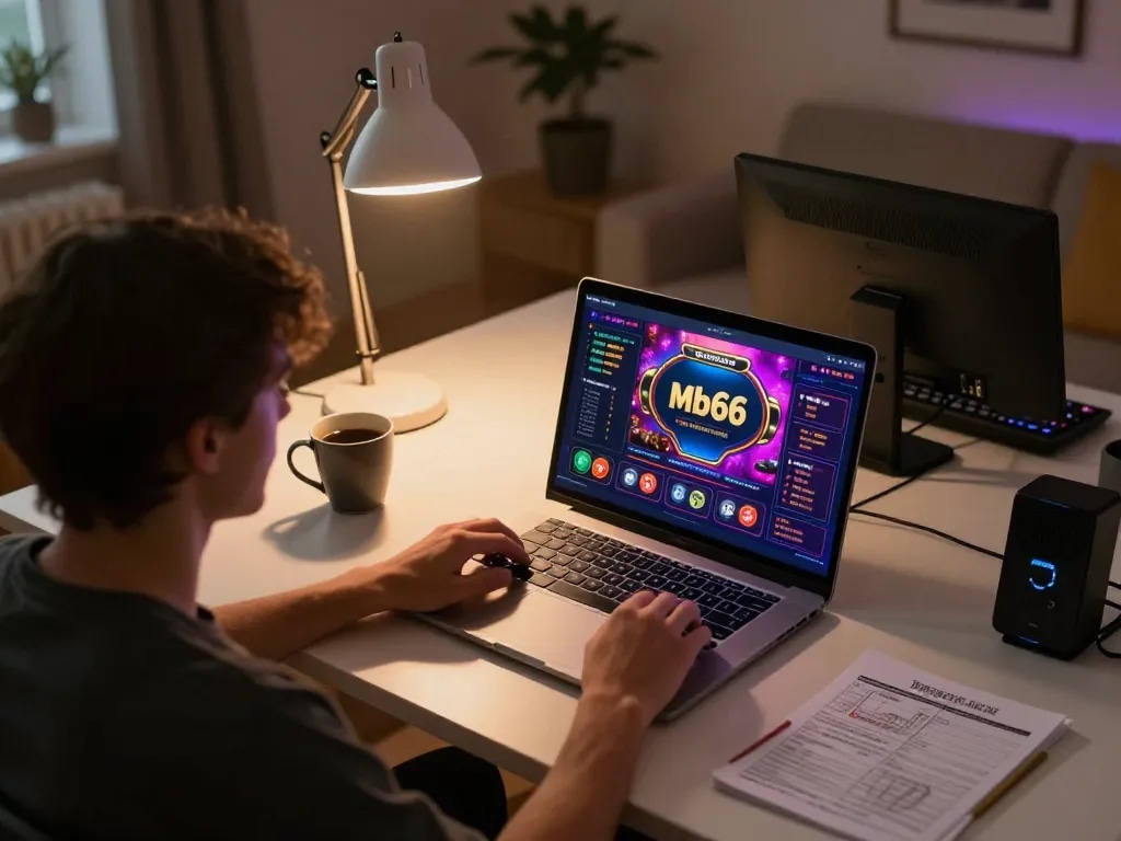 Engaging online gaming moment with mb66 casino interface on laptop, highlighting strategic gameplay.