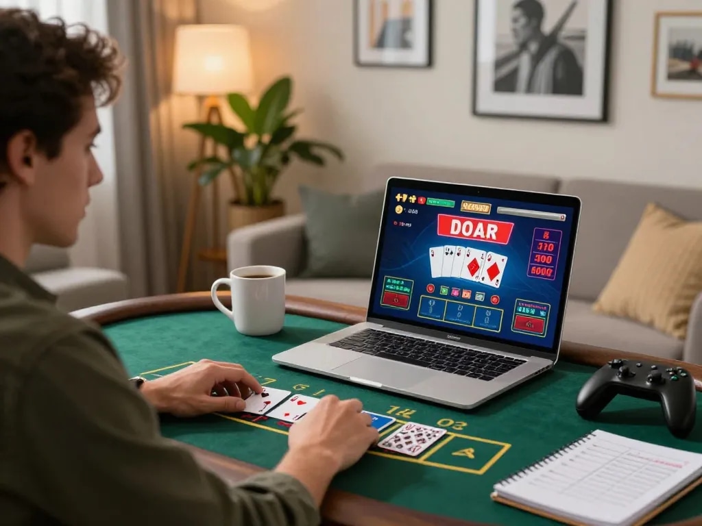 Player engaging in online blackjack with 888VI on a laptop in a cozy home setting, showcasing strategic gameplay.