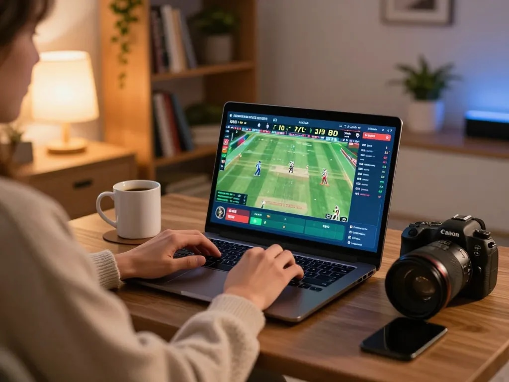 Player actively engaging in BK33 online cricket betting at home, showcasing excitement and strategy