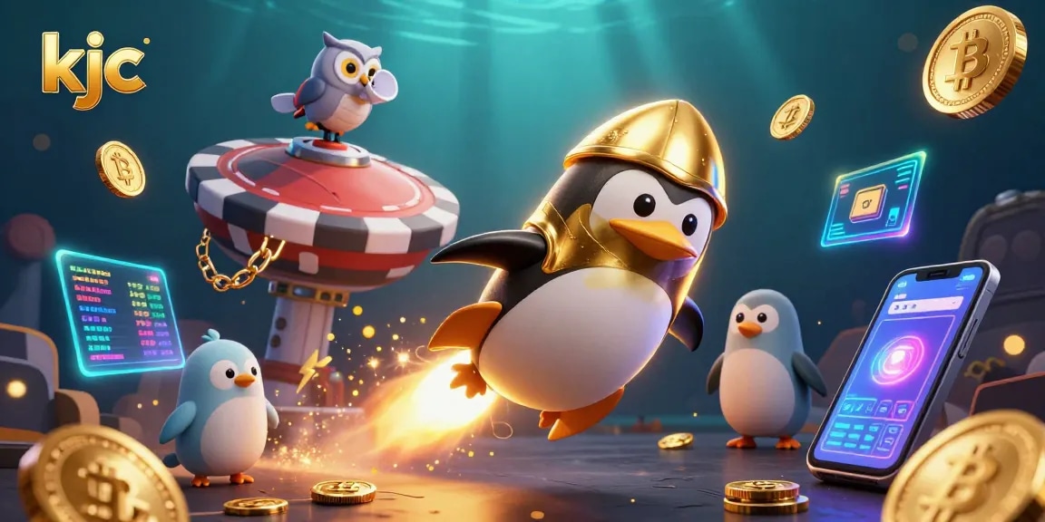 Experience the thrilling adventures at KJC with a golden penguin navigating a vibrant casino universe.