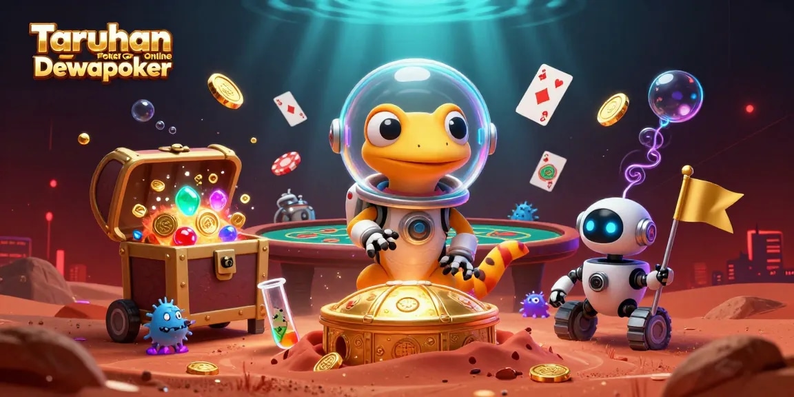 Engage with Taruhan Poker Online Dewapoker while exploring vibrant casino elements in a captivating 3D scene.