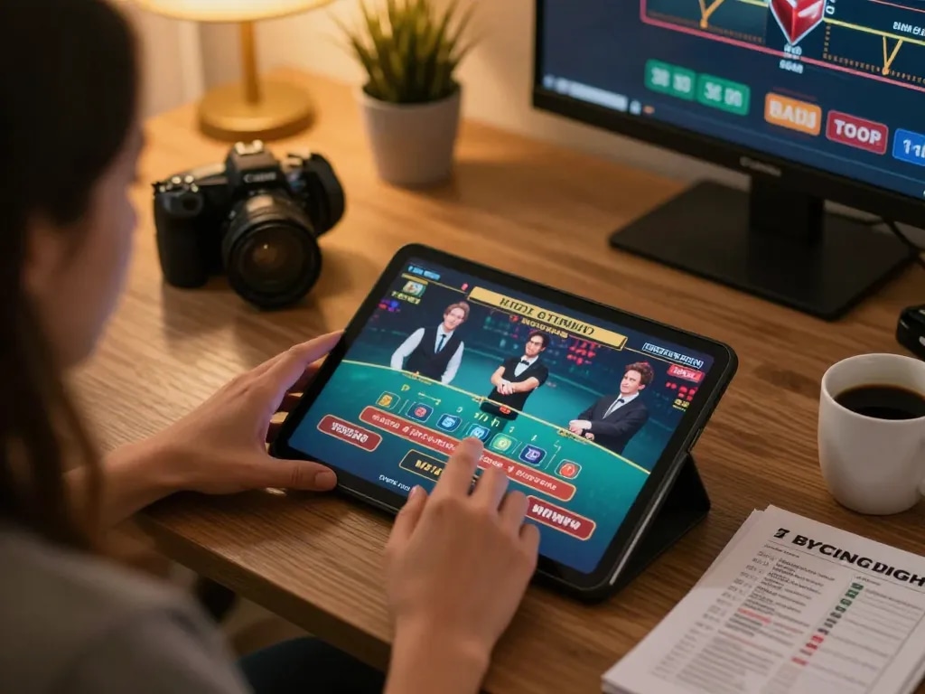 Player enjoying king33 online gaming on tablet during cozy evening session, focused on live dealer gameplay.