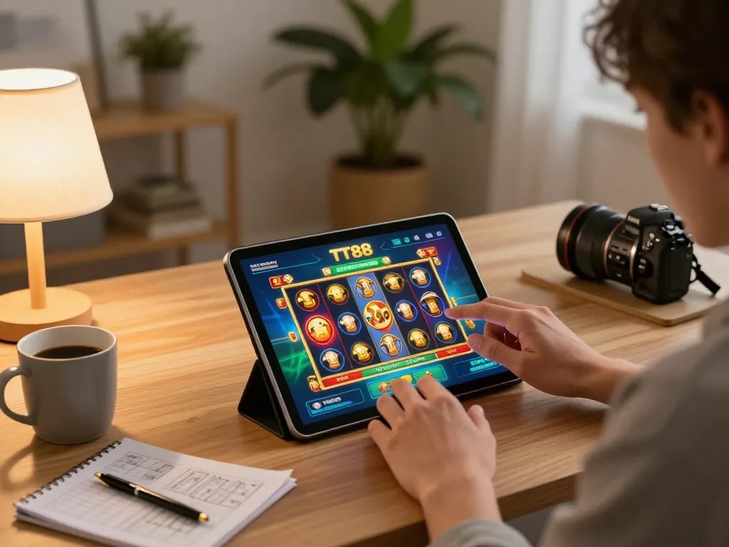 Engaging with TT88 casino app, showcasing vibrant slot game graphics in a cozy home setting.