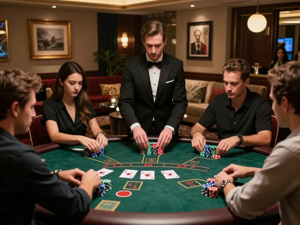 Players engaging in a tense blackjack game at a luxurious NK88 table, showcasing strategy and excitement.