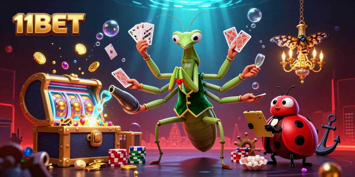 Experience the thrilling world of 11BET with a vibrant 3D casino scene featuring games and rewards.