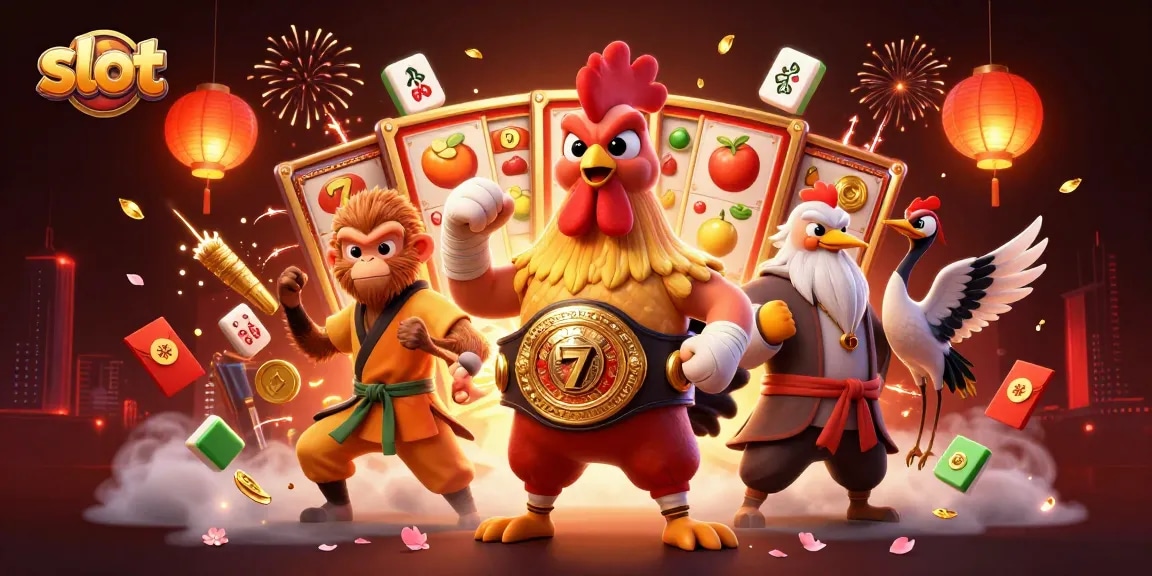 Slot gacor seru dengan ayam Muay Thai, monyet, dan crane dalam suasana kasino.