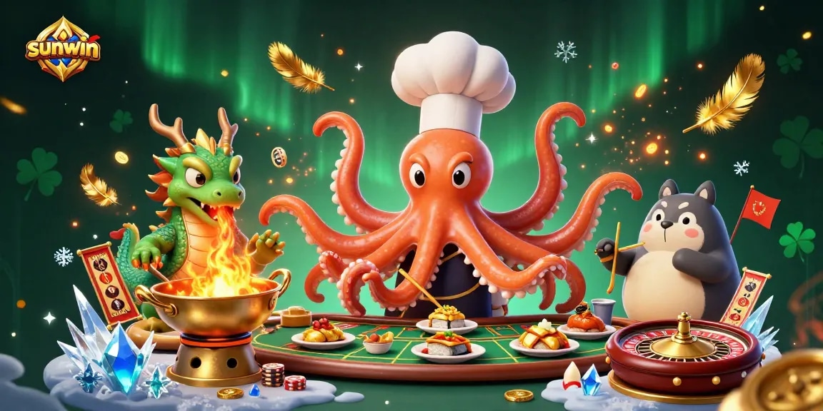 Experience thrilling wins at sunwin with a vibrant casino scene featuring an octopus chef and a dragon!