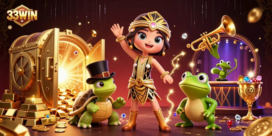 Engage in thrilling games at 33WIN, with exciting treasure and animated characters in casino setting.