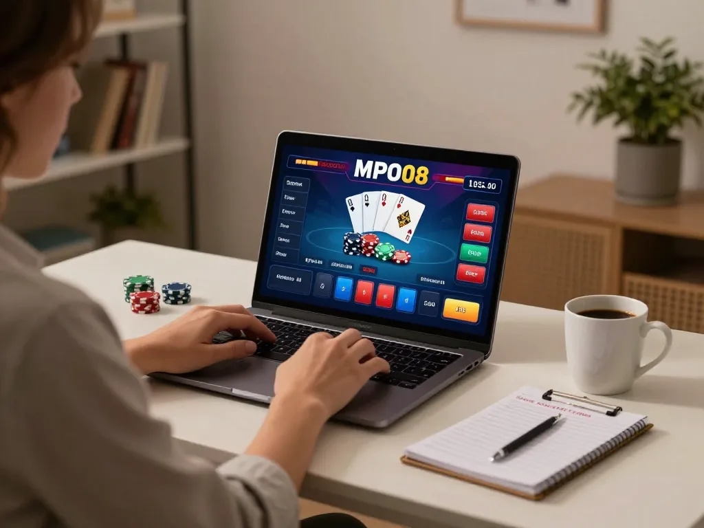 MPO08 online gaming setup displaying poker interface on a laptop, enticing players to engage