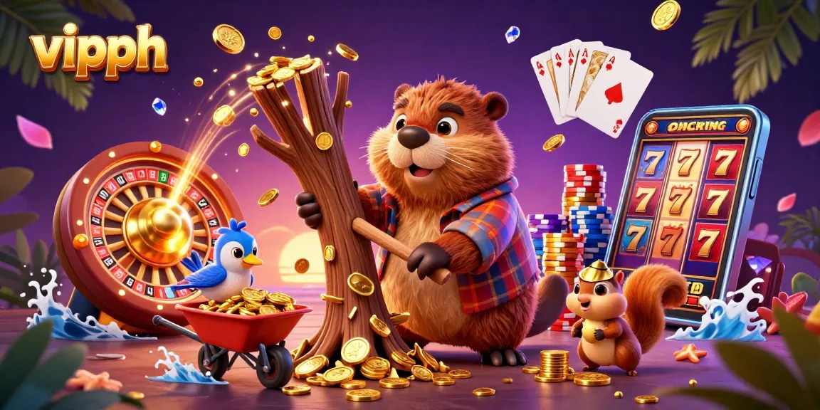 Spin to win at vipph with a playful beaver, coins raining, and exciting game elements!