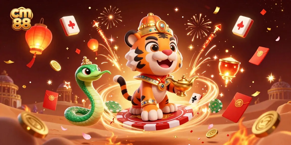 Experience the excitement of cm 88 with a vibrant 3D casino scene featuring festive symbols and magical elements.