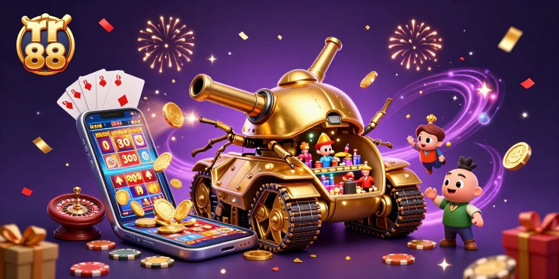 Experience the excitement of rr 88 with a vibrant 3D casino scene featuring golden coins and game elements.