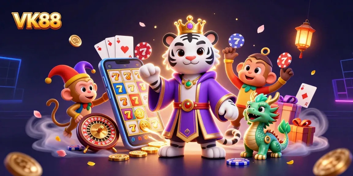 Experience thrilling gameplay with VK88 in a vibrant illustrated casino scene.