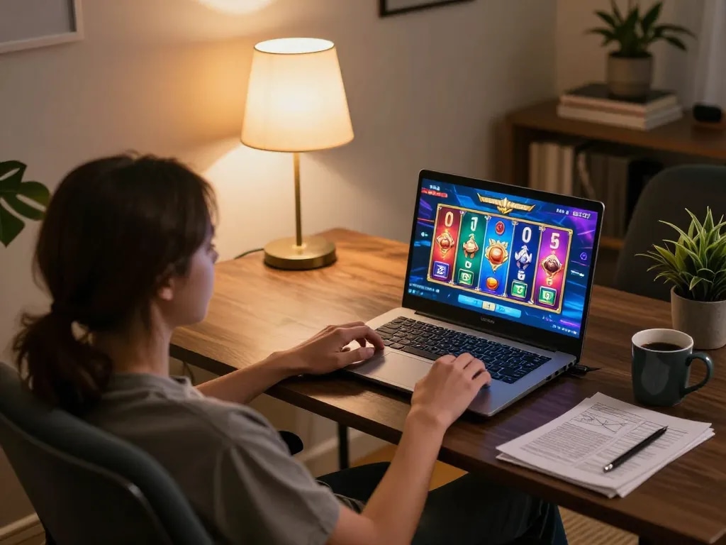 Player engaging with a demo slot game on a laptop, showcasing strategic online gaming.