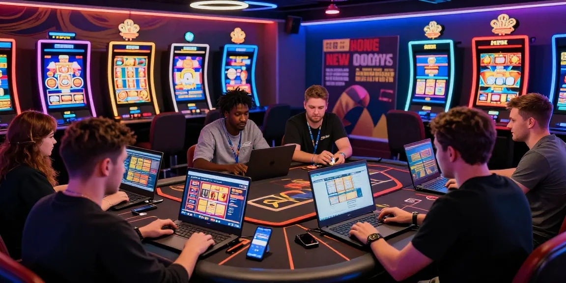 Players enjoying thrilling experiences at new online casinos in an energetic gaming lounge.