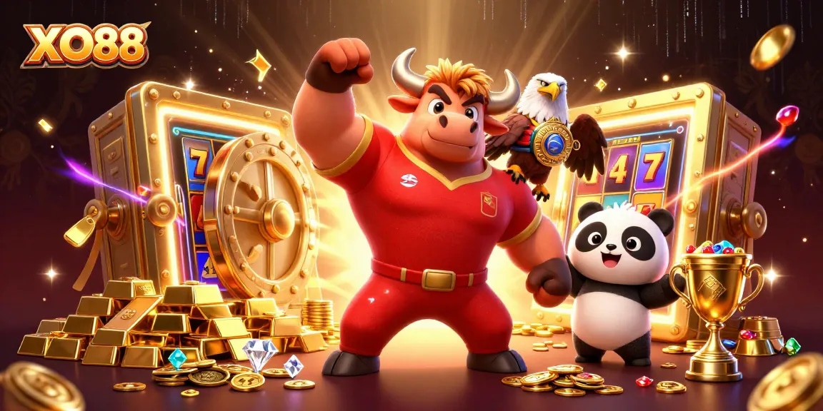 Experience the excitement of XO88 with a victory scene showcasing a bull mascot, eagle, and panda celebrating wins.