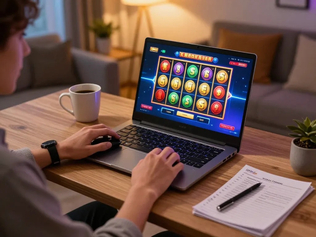 Komposisi menarik seorang pemain menikmati toto slot gacor di laptop mereka, menampilkan visual slot yang dramatis dan suasana rumah yang nyaman.