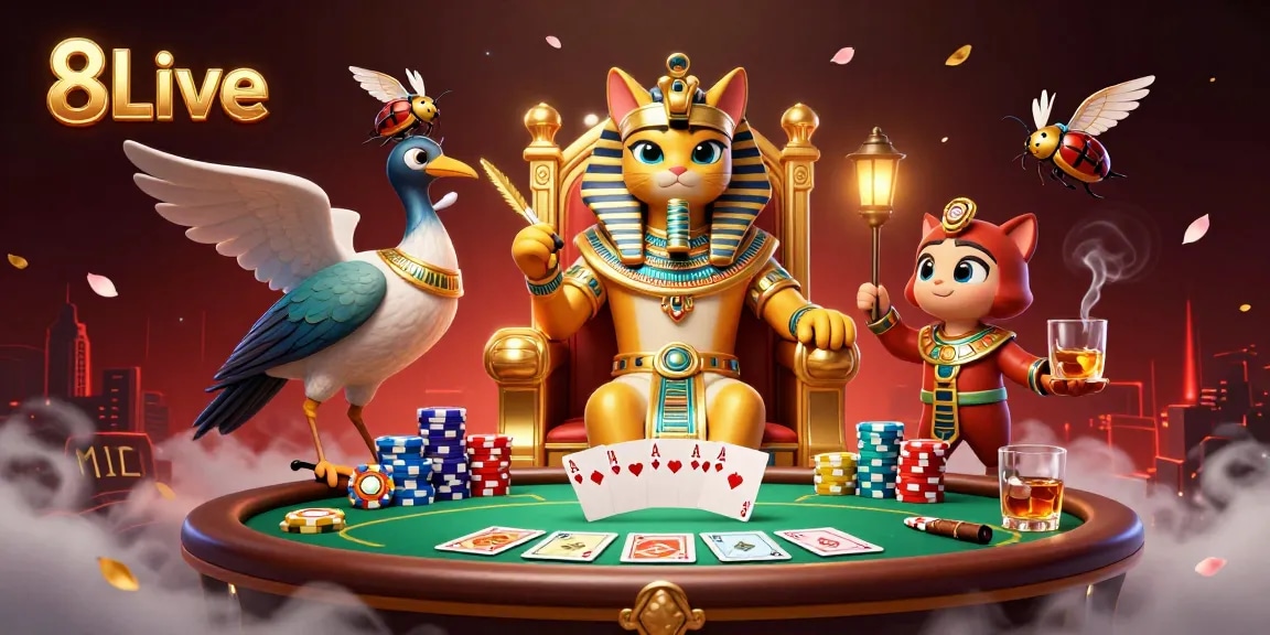 8Live captivates players with vibrant 3D casino illustration showcasing pharaoh cat and poker setup.