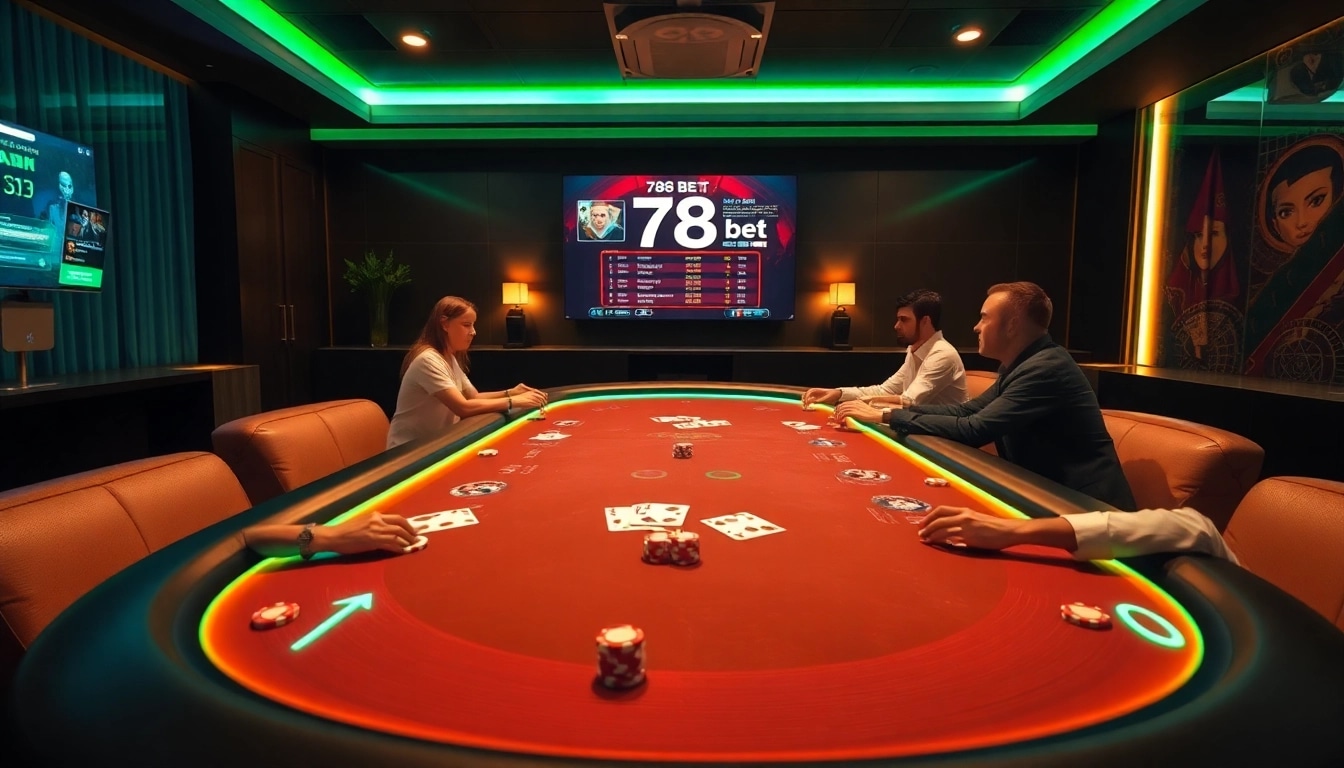 Exciting online gaming scene showcasing 789 bet with poker table and virtual cards.